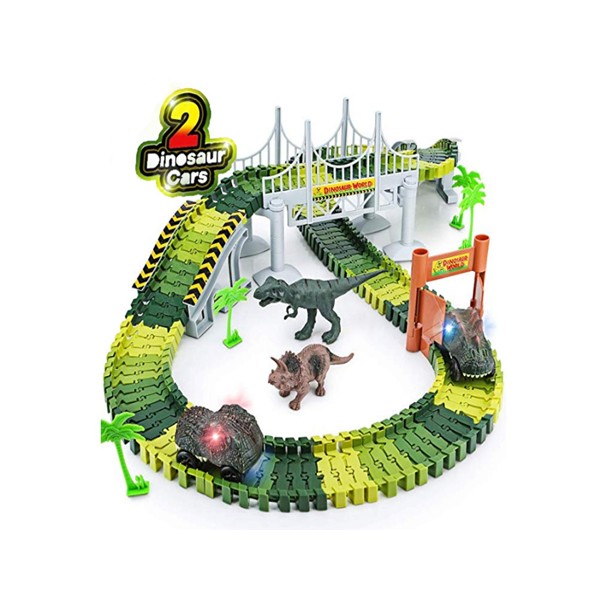 Snaptron Dinosaur Toy 142 pcs Train Toys for Kids with Track Big Size with 2 Toy Cars; Toys for Kids Jurassic World Train Toy with Flexible Race Track for Boys and Girls ABS Plastic Green Color