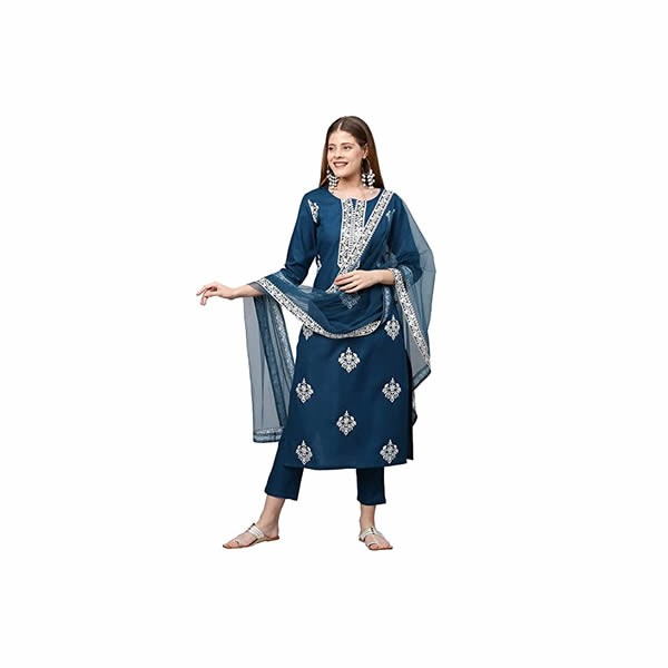 Women's Cotton Blend Straight Embroidered Kurta with Pant & Dupatta