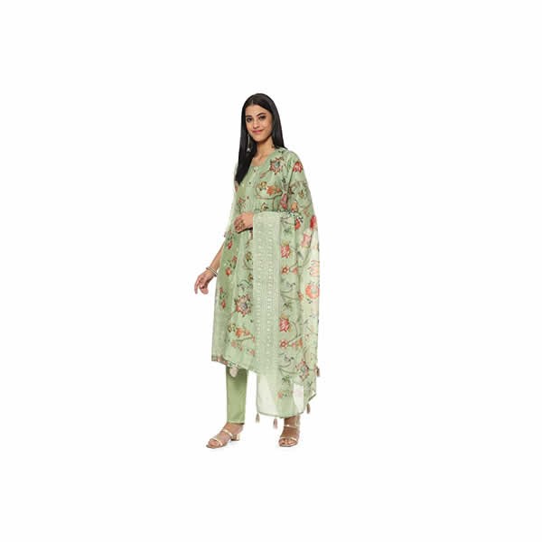 Women's Green Chanderi Machine Embroidered Unstitched Suit Set