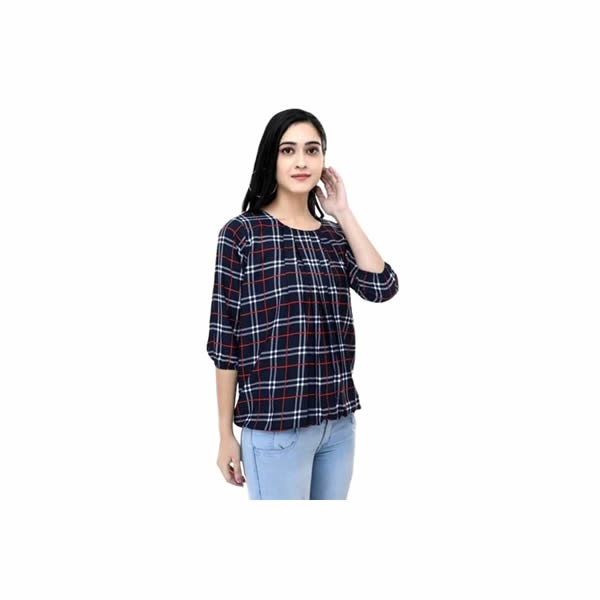 Women's Casual Regular Sleeve Pleated Checkered Blue Top