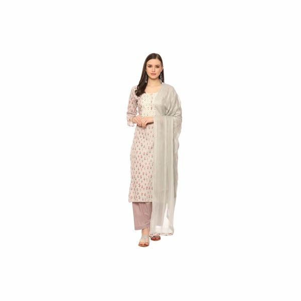 Women's Grey Cotton Screen Print Unstitched Suit Set 0