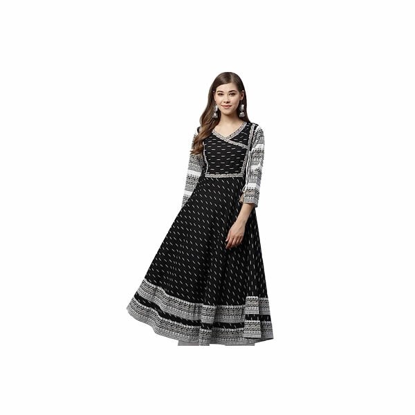 Women's Cotton & Cotton Slub Ikat Printed Anarkali Kurta (Black)