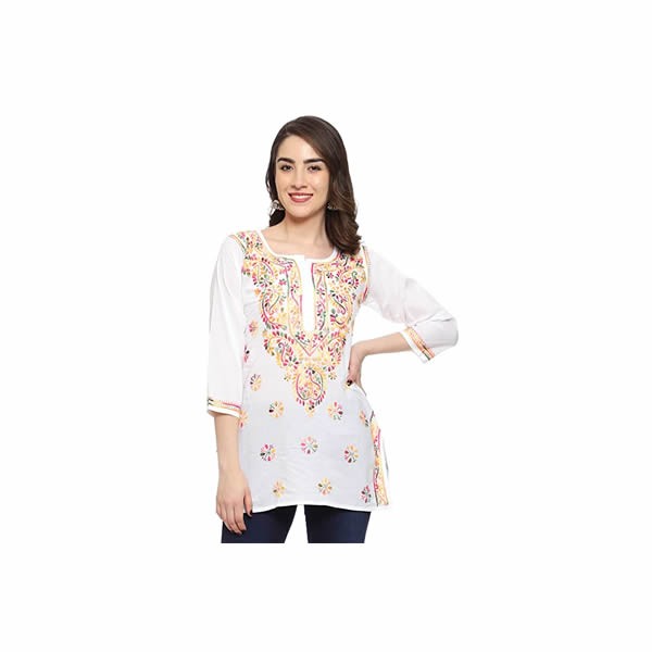 Chikankari Straight Cotton Short Kurti Tunic Top for Women