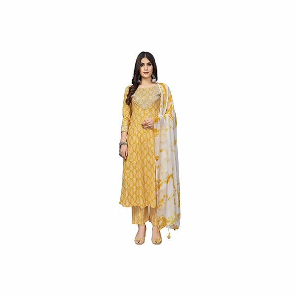 Women's Cotton Print & Sequience A-Line Stitched Kurta Pant with Dupatta