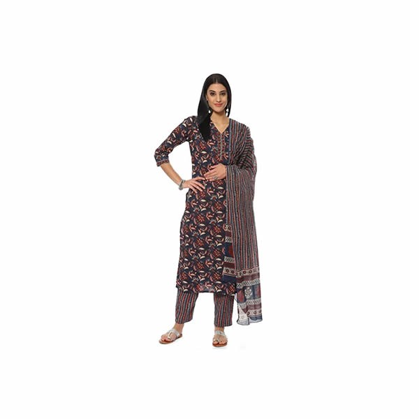 Women's Blue Cotton Screen Print Unstitched Suit Set