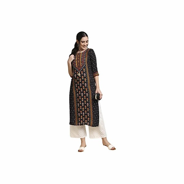 Black Ethnic Printed Straight Kurta Palazzos Suit Set for Women