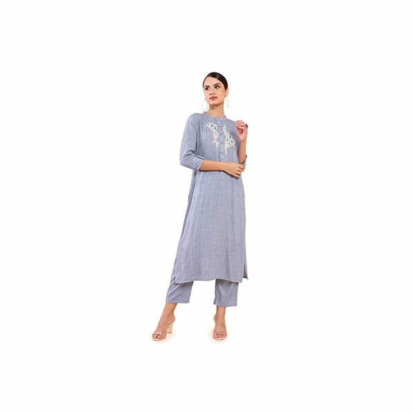Blue Viscose Embroidered Kurta Set