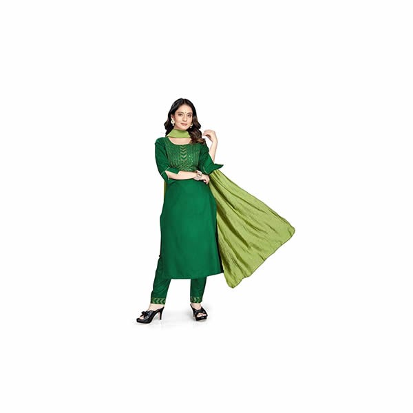 Women's Straight fit Cotton blend Embroidered Embellished Ethnic Kurta,Pant and Dupatta set(Regular 3/4th Sleeve, Straight Knee Length, Round Neck, Elasticated Pant)