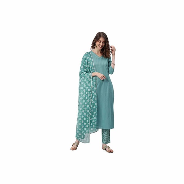 Women's Turquoise Cotton Kurta with Pant and Dupatta