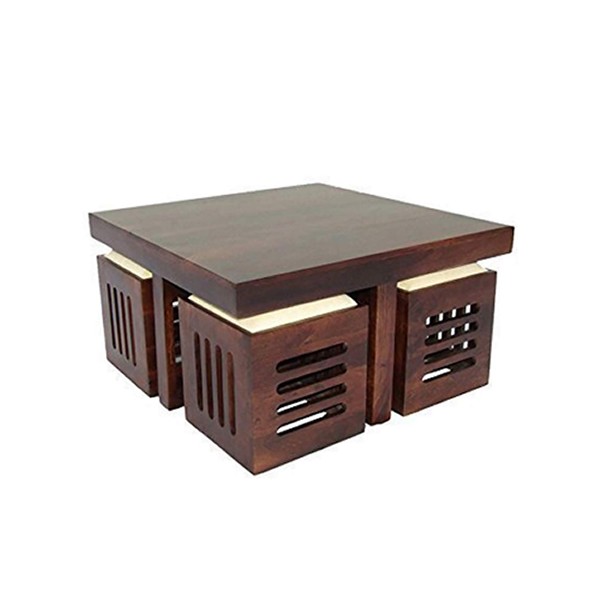 Rjkart Sheesham Wood Furniture Center Coffee Table with 4 Stools for Living Room Wooden Centre Teapoy Table Stool Chair for Home Office (Walnut Finish)