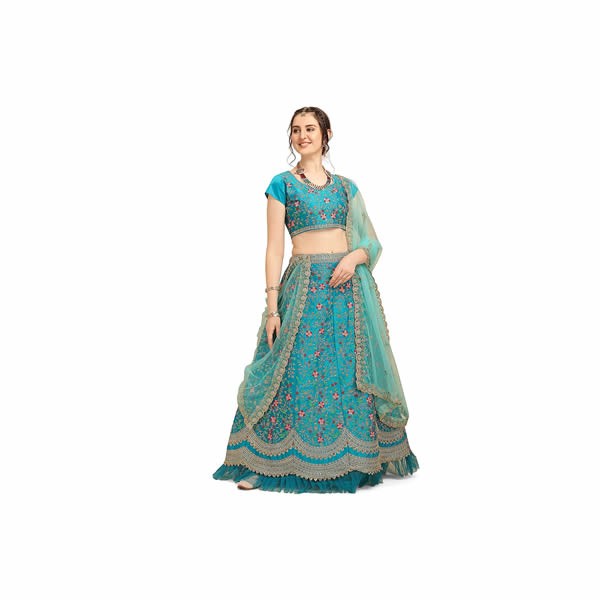 Women's Designer Satin Semi-stitched Lehenga Choli with Embroidery Work (LC-299, Blue, Free Size)