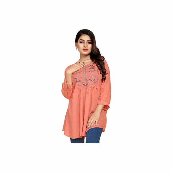 Women's Floral Embroidered Rayon Slub Fabric Navy Blue Color 3/4th Sleeve Round Neck Hip Length Top