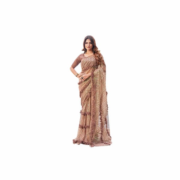 Women's Sequinns Embroidered Net Frill Saree (TI2919_Mouse)