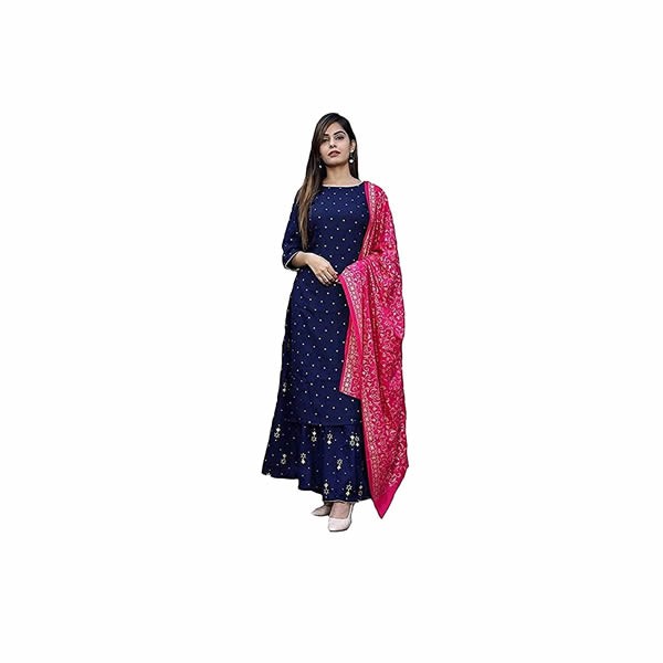 Women's Kurti Sharara,Palazzo Duppta Set with Gotta/Gold Print Ethnic Straight Kurti Set