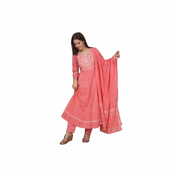 Women Cotton Anarkali Printed Embroidered Kurta Pants with Dupatta