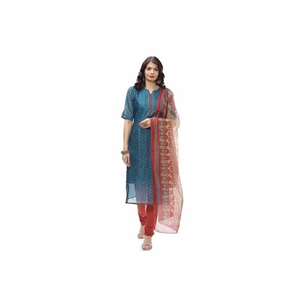 WomenWomen's Blue Silk Chanderi Unstitched Suit Set 's Blue Silk Chanderi Unstitched Suit Set