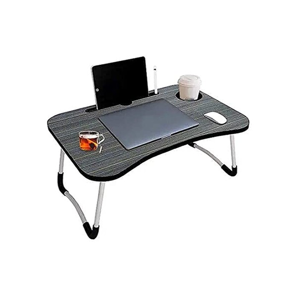 Mvs Enterprises Foldable Wooden Laptop Bed Tray Table, Multifunction Lap Tablet Desk with Cup Holder, Perfect for Eating Breakfast, Reading Book, Working, Watching Movie On Bed (Black Table)