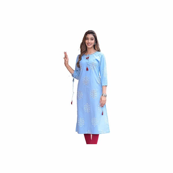 Women's Cotton Cambric Sequin & Thread Work Straight Kurta (Blue)