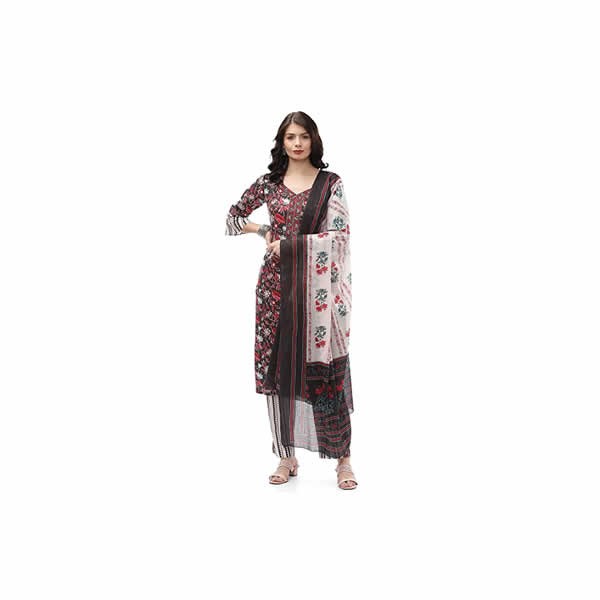 Women's Black Cotton Unstitched Suit Set