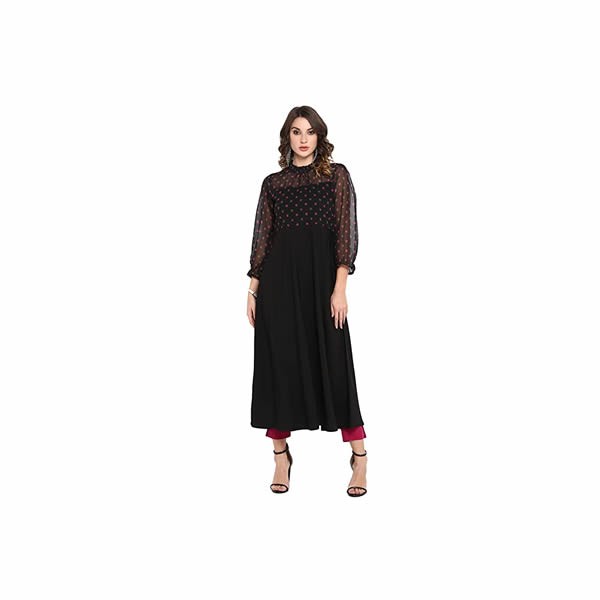 Women's Black Poly Crepe Polka Print A-line Kurta