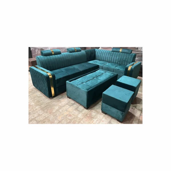 New Sea Green color L shape sofa set with table and puffies