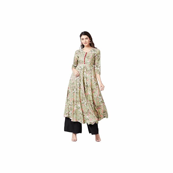 Women Sage Green & Baby Pink Floral Printed A-Line Kurta