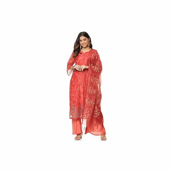 Women's Peach Chanderi Dgtl Print Unstitched Suit Set