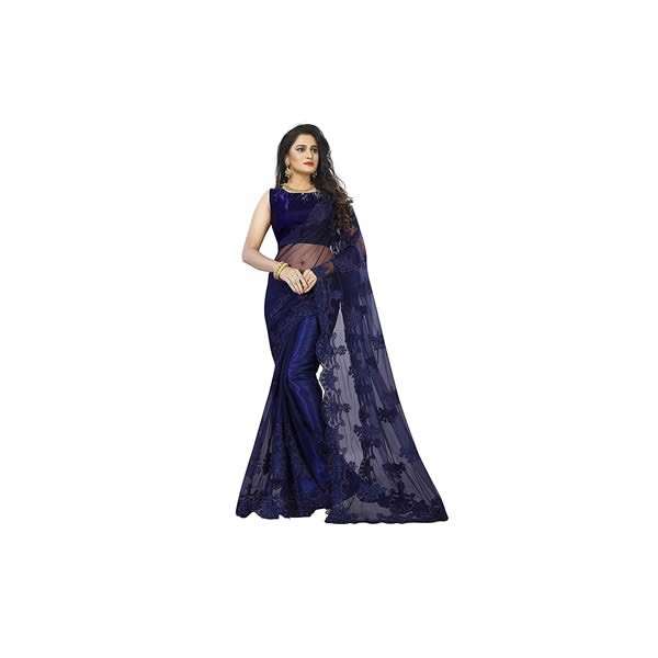 Women's Embellished Colored Embroidered Heavy Net Fabric Saree with Blouse Piece