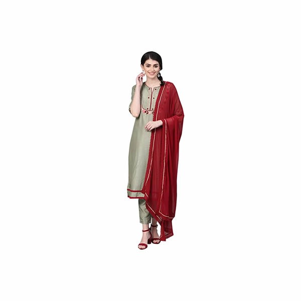 Women's Silk Blend Embroidered Thread Work Green Floral Print A-Line Kurta suit set With Dupatta & Trouser