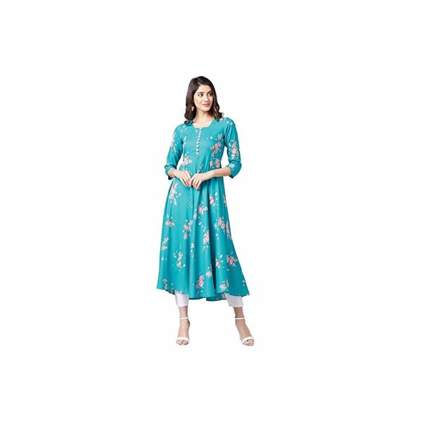 Women Teal & Pink Floral Printed A-Line Kurta