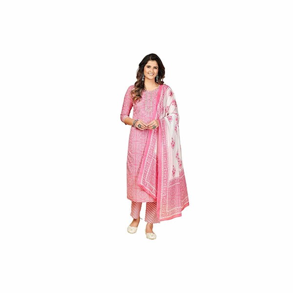 Women's Printed & Embroidered Straight Cotton Stitched Kurta Pant with Dupatta0