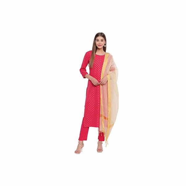 Women's Pink Poly Crepe Straight Kurta with Pant and Dupatta