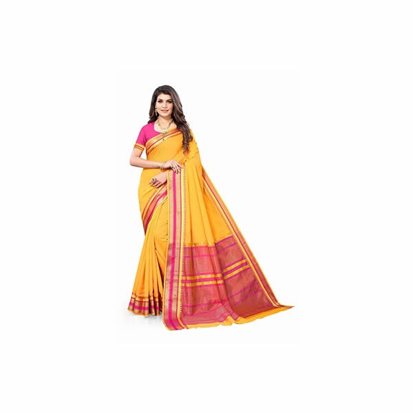 Banarasi cotton plain saree with stripe design pallu and stripe design multi-color lace is a traditional Indian garment.