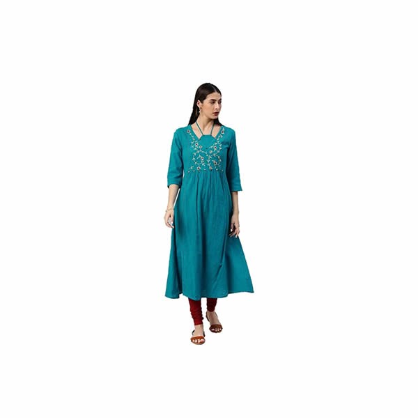 Women's Cotton Slub Zari Embroidered A-line Kurta (Blue) 0